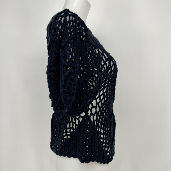 Sheson Crochet Sweater Small Open Knit Navy Blue Short Puff Sleeve Pullover Top - Picture 2 of 10